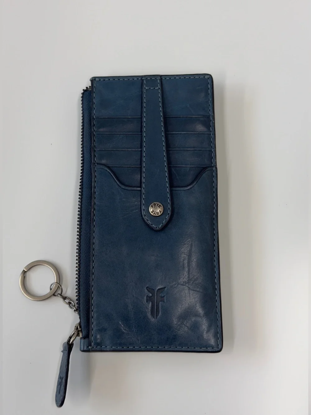 Frye Deep Blue Leather Zip Card Holder with Key Ring